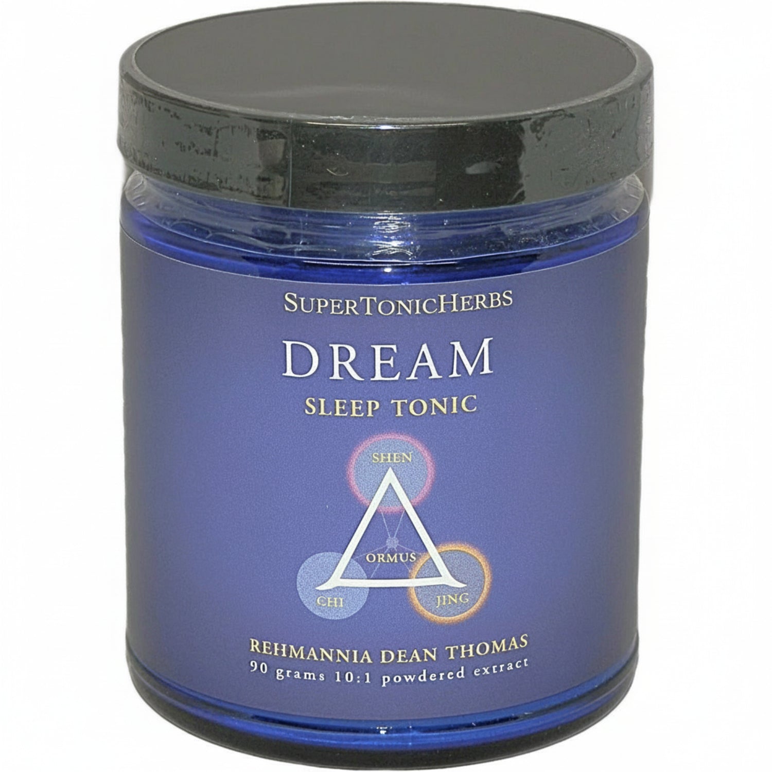blue jar with blue label showing SuperTonicHerbs Dream Sleep Tonic on a white background