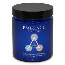 Blue container labeled 'Embrace for Lovers' with a black lid on a white background