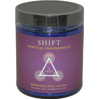 Jar labeled 'Shift Spiritual Empowerment' with purple label and black lid on white background