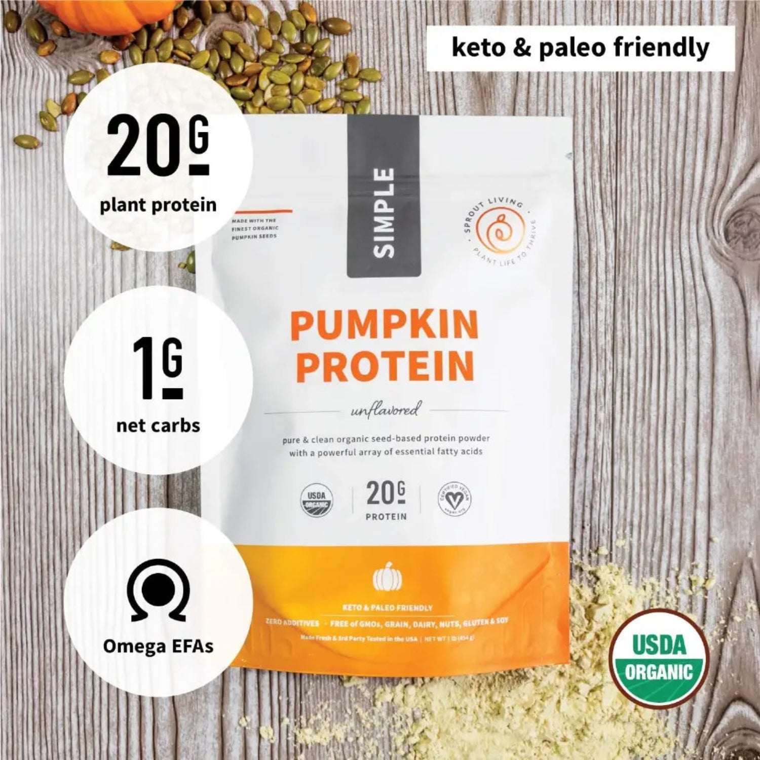 Pumpkin protein powder package with nutritional information on a wooden surface