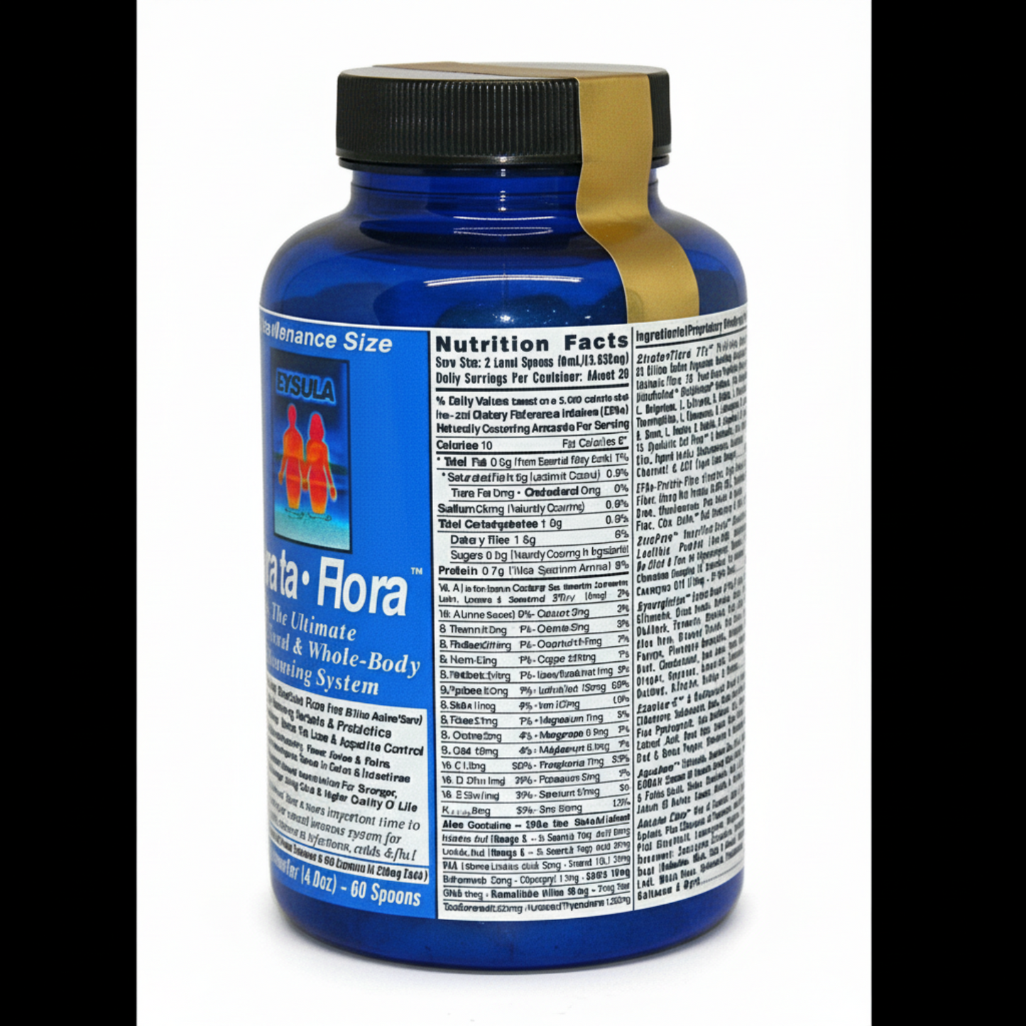 Blue supplement bottle with black cap on a white background