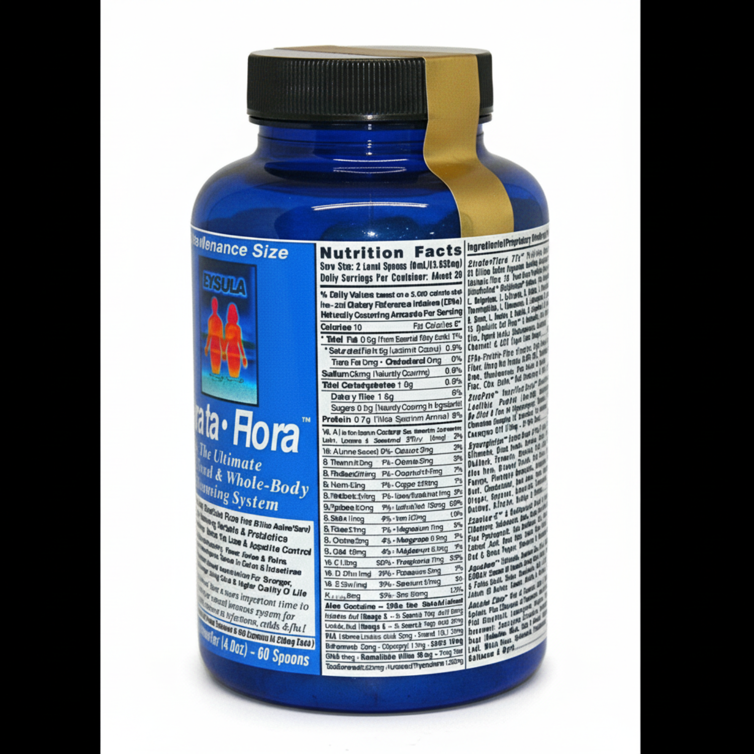 Blue supplement bottle with black cap on a white background