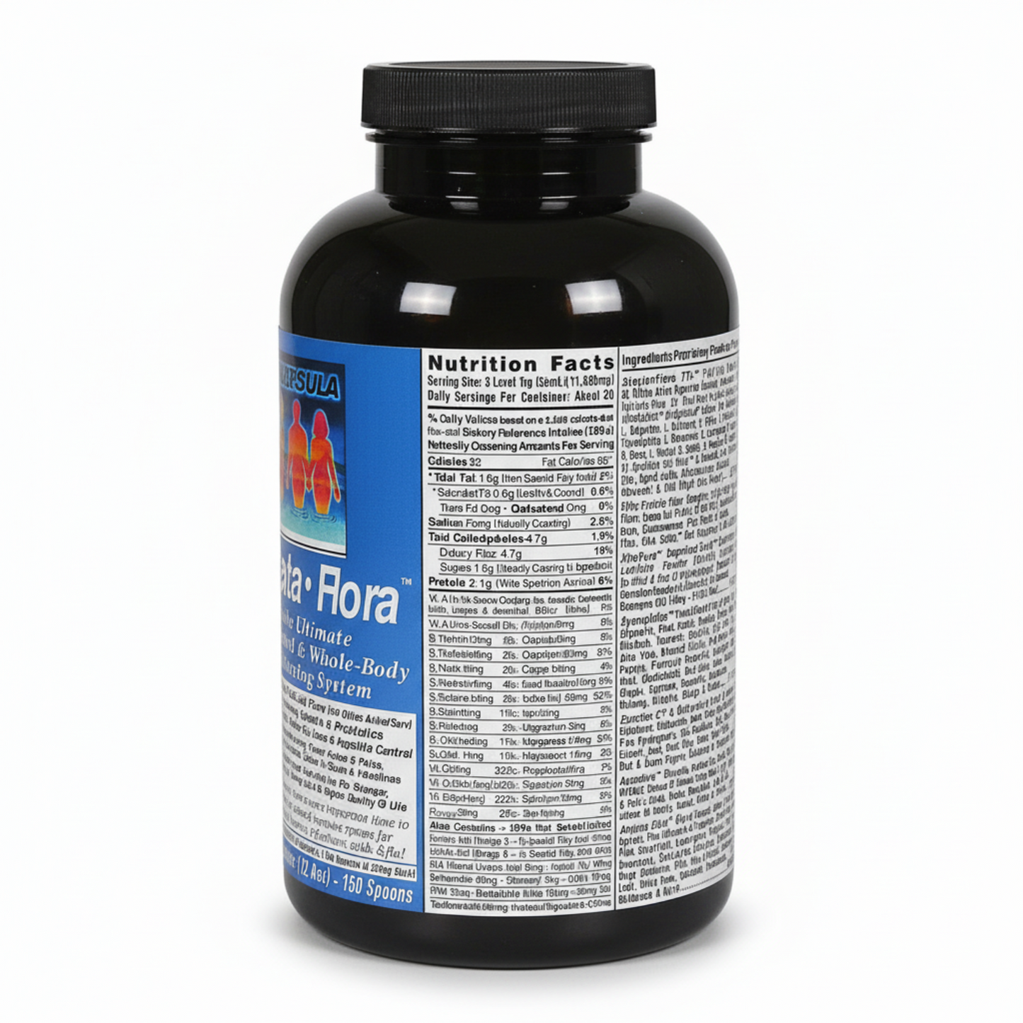 Supplement bottle with label showing 'Pro-Flora' and nutrition facts on a white background