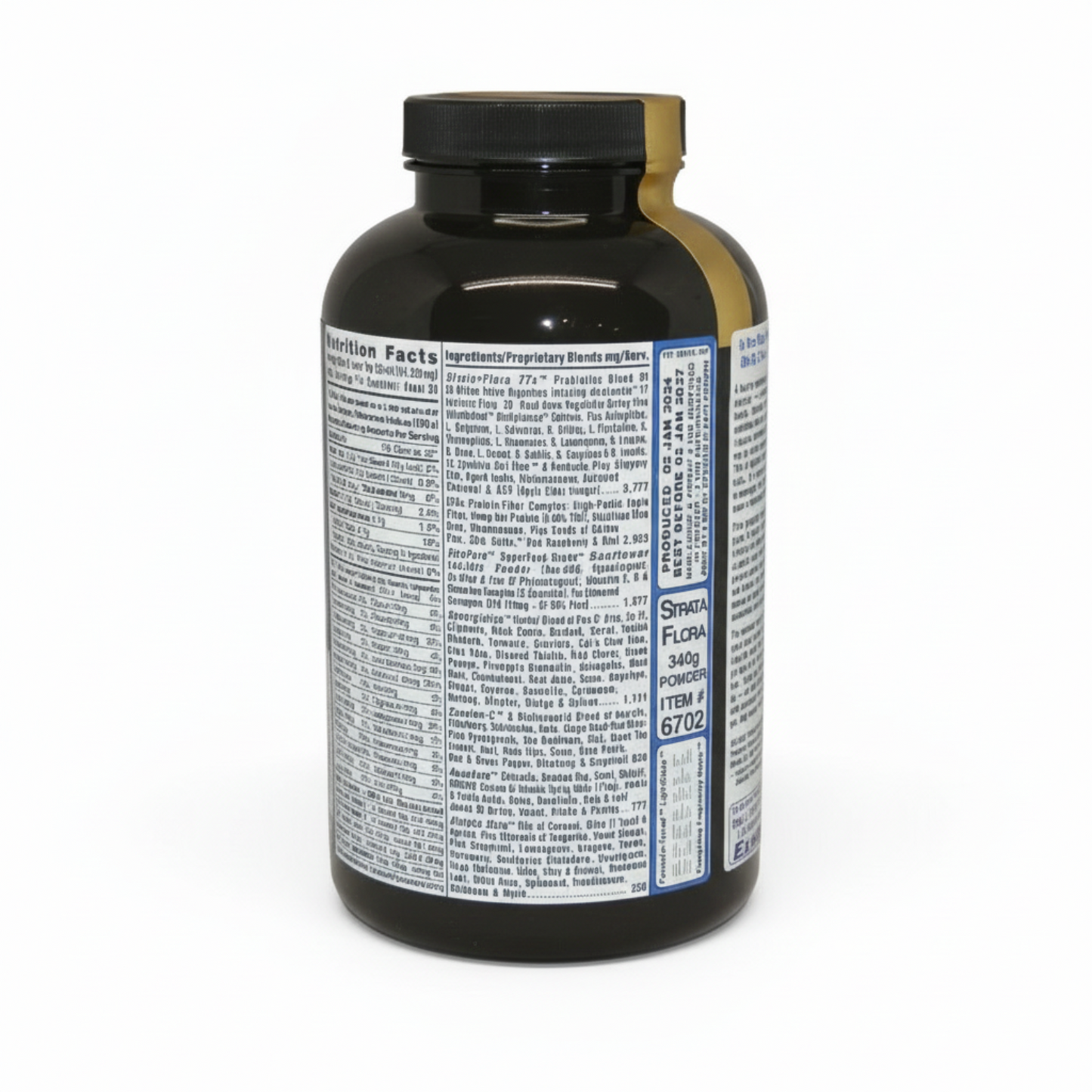 Black supplement bottle with gold band on a white background