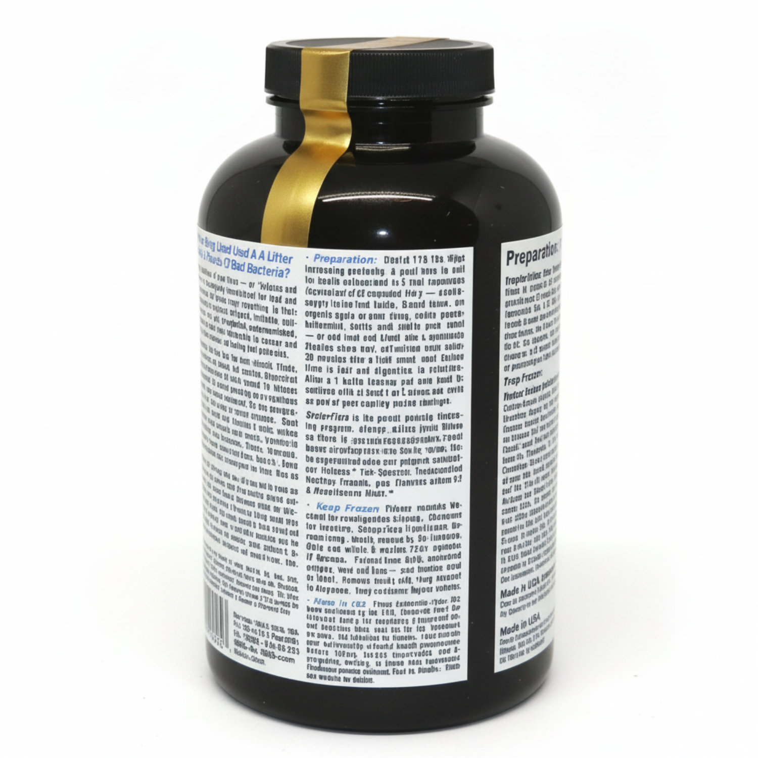 Black supplement bottle with gold label on a white background