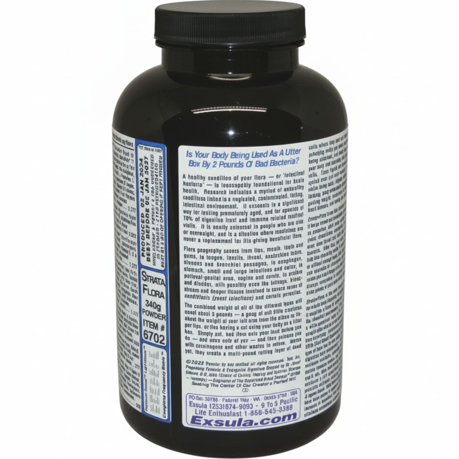 Black supplement bottle with label on a white background
