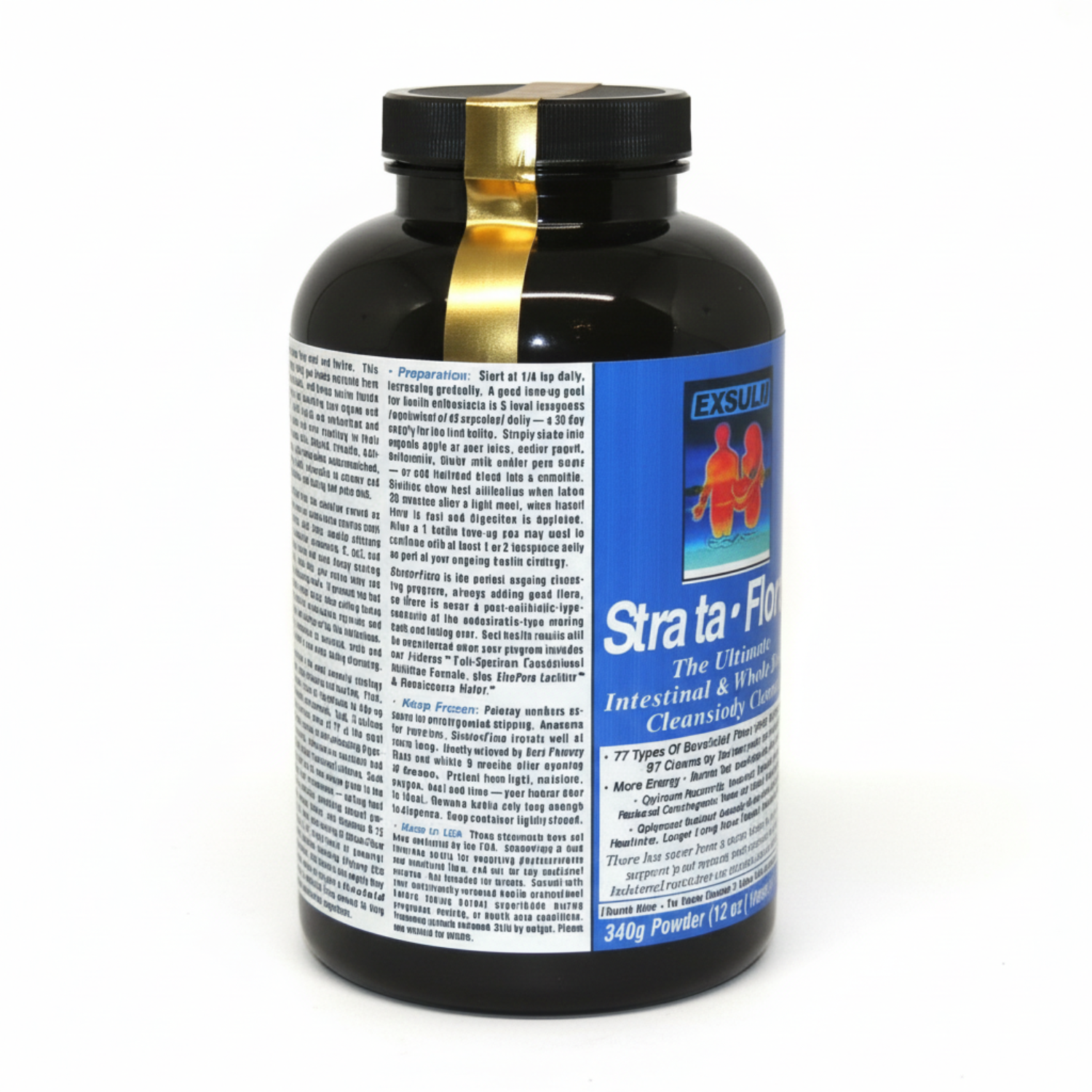 Black supplement bottle with gold cap on a white background