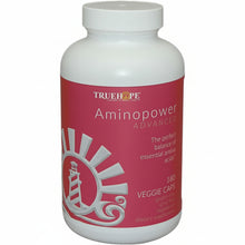 white bottle and cap with red label, TRUHOPE with logo inside, LEADERS IN BRAIN HEALTH, Aminopower Advanced, The perfect balance of essential amino acids, lighthouse logo in white on red, 180 veggie caps, gluten free, gmo free, vegetarian, dietary supplement