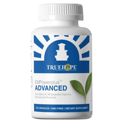 Supplement bottle labeled 'TrueHope EMPowerplus Advanced' on a white background