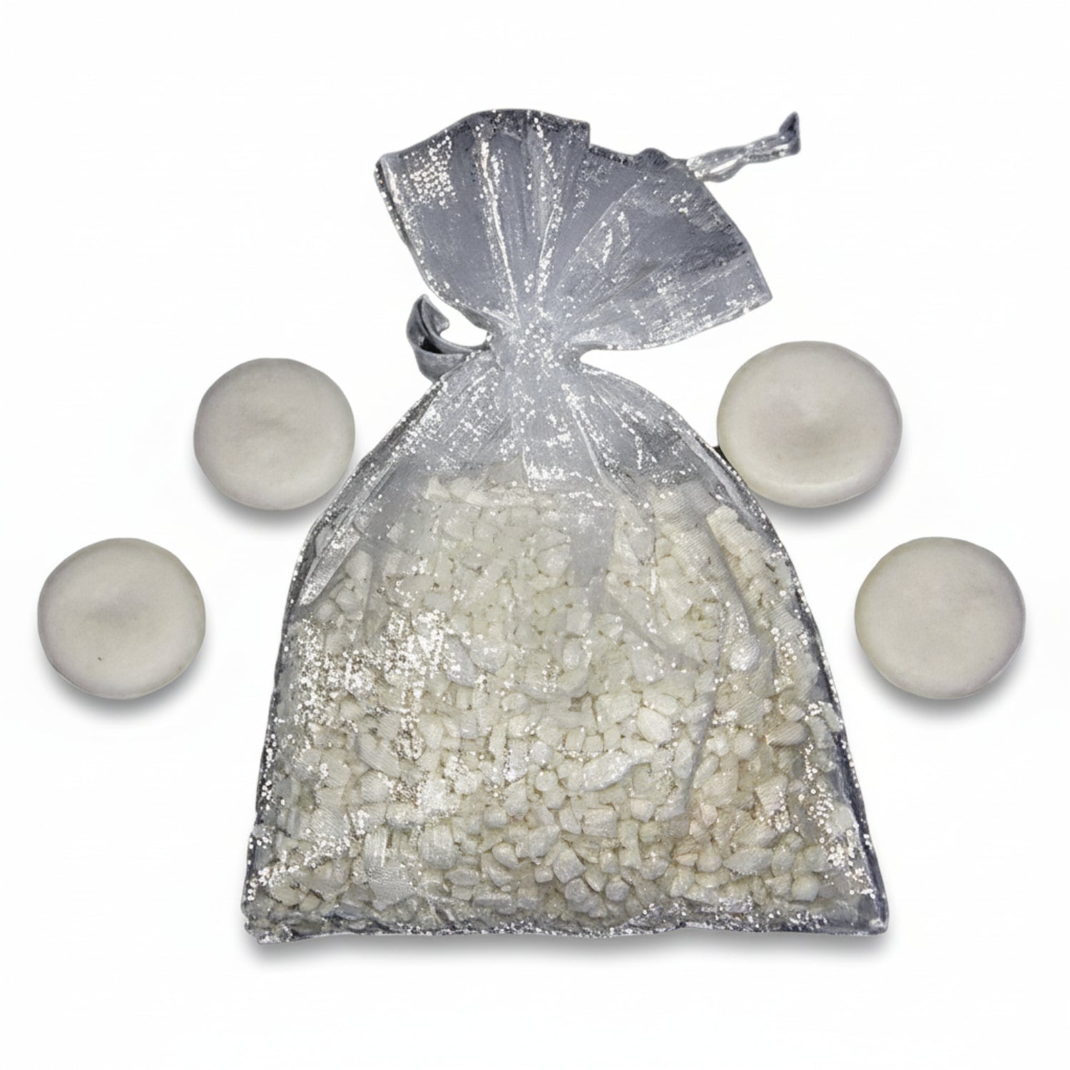 silver organza satchel tied closed and filled with small white laminar crystal rocks with four small Precious Prill disks on white background