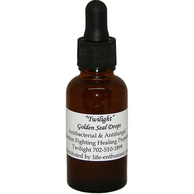 Brown glass dropper bottle of Twilight Golden Seal Drops with a label on a white background