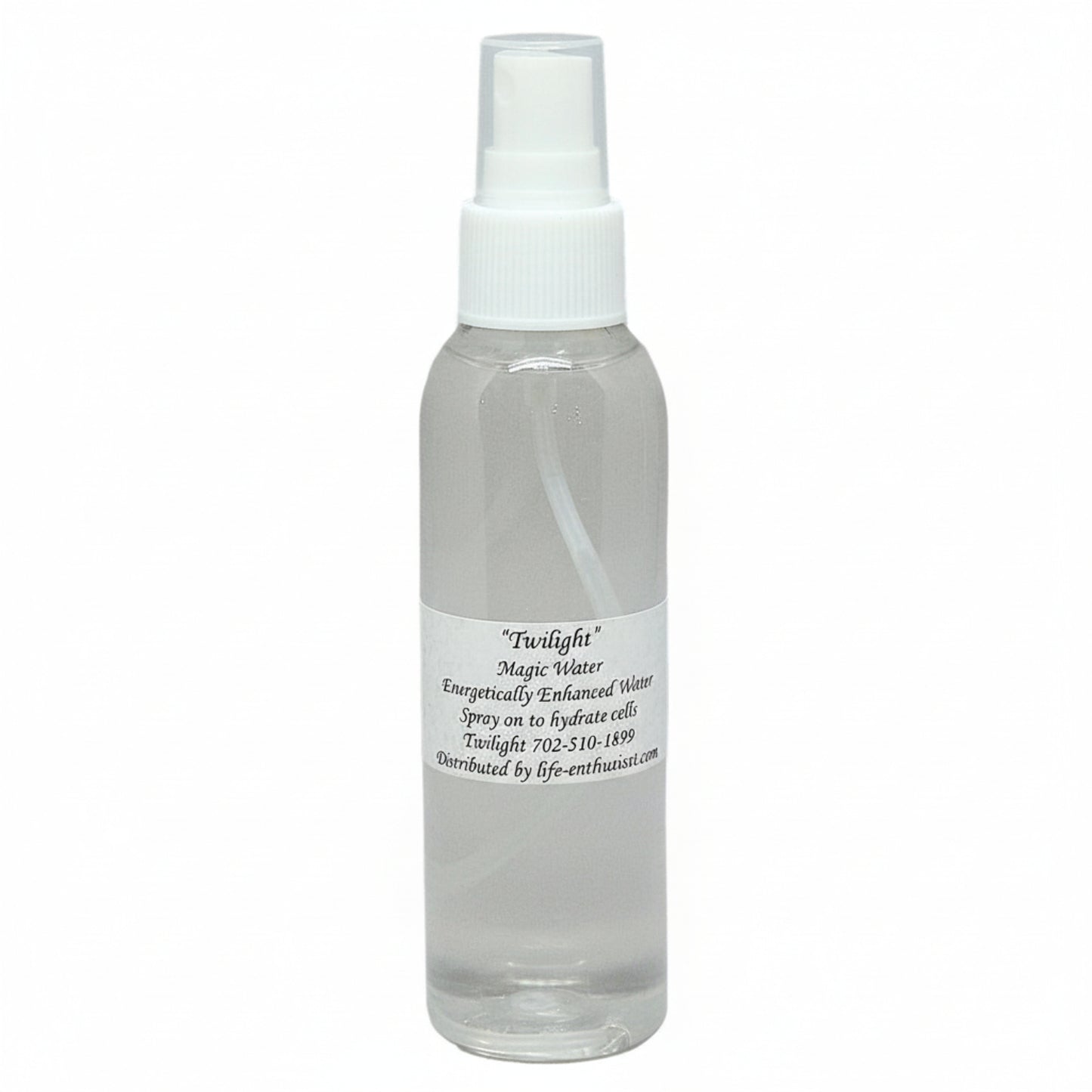 Clear spray bottle of Twilight Magic Water with a white label on a white background
