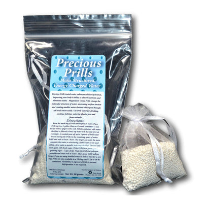 Package of 'Precious Prills' with a clear bag containing white beads on a white background