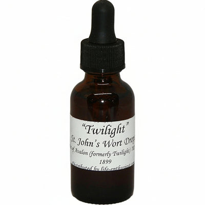 Brown glass bottle with dropper labeled 'Twilight St. John's Wort Drops' on a white background