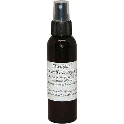 Black spray bottle of Twilight Topically Everything with a label on a white background