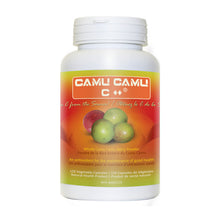 white bottle with orange/yellow label, Camu Camu C++ with picture of the fruit, whole camu camu berry powder, an antioxidant for the maintenance of good health, 120 vegetable capsules, natural health product