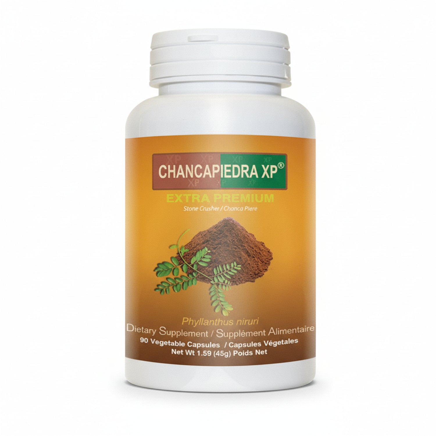 White supplement bottle labeled 'Chancapiedra XP' with yellow label on a white background