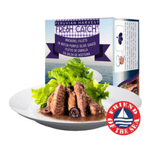 Peruvian Harvest mackerel fillets in Botija Purple Olive Sauce packaging with a plate of food and 'Friend of the Sea' certification logo.