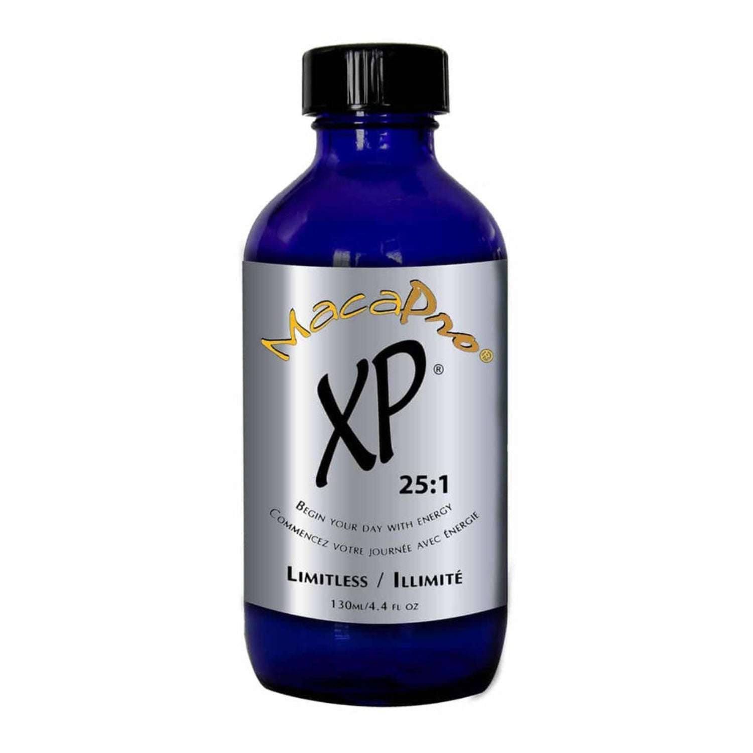 Blue bottle with a silver label featuring 'MacaPro XP 25:1' on a white background