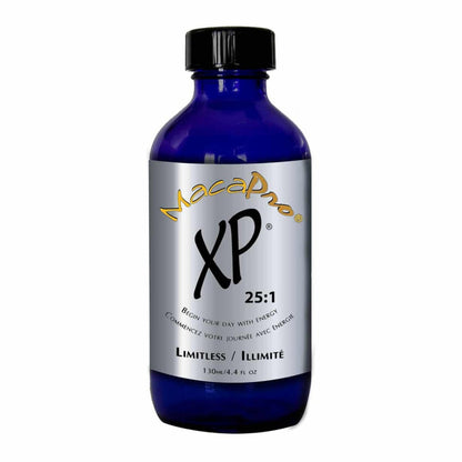 Blue bottle with a silver label featuring 'MacaPro XP 25:1' on a white background