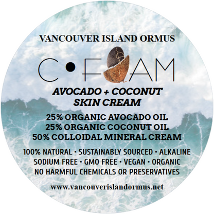 label for Vancouver Island C-Foam Avocado + Coconut Skin Cream, background shows ocean water foam, 25% organic avocado oil 25% organic coconut oil 50% colloidal mineral cream, 100% natural, sustainably sourced, alkaline, sodium free, GMO free, vegan, no harmful chemicals or preservatives