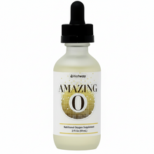 white dropper bottle with black dropper top, Wetway AMAZING O with yellow/brown squares like drops, Nutritional Oxygen Supplement 2 Fl Oz (59 mL)

