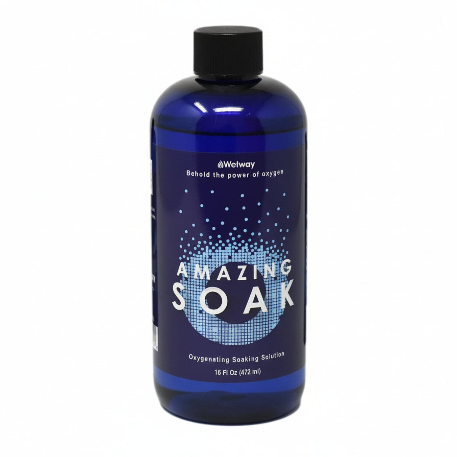 blue bottle with black lid, Wetway, Behold the power of oxygen. AMAZING SOAK with small white squares in shape of letter O. Oxygenating Soaking Solution. 16 Fl Oz (472 mL)