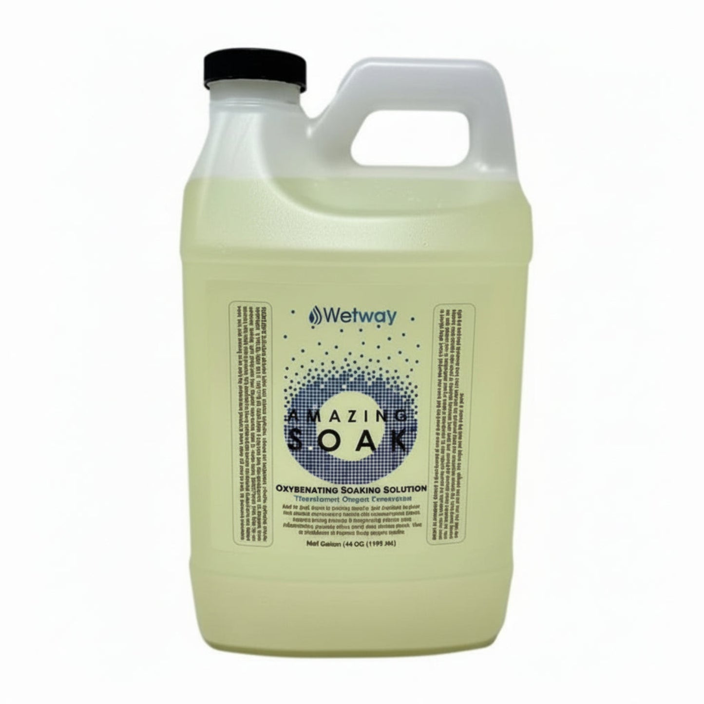 white jug with black lid, Wetway AMAZING SOAK with small blue squares in shape of letter O. Oxygenating Soaking Solution. Transdermal Oxygen Penetration. 64 Fl Oz (1892 mL)