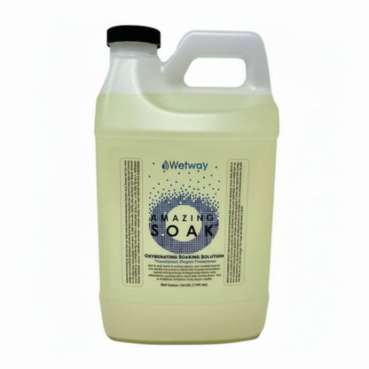 white jug with black lid, Wetway AMAZING SOAK with small blue squares in shape of letter O. Oxygenating Soaking Solution. Transdermal Oxygen Penetration. 64 Fl Oz (1892 mL)