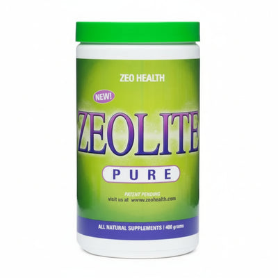 Zeolite supplement container with green and purple label on a white background