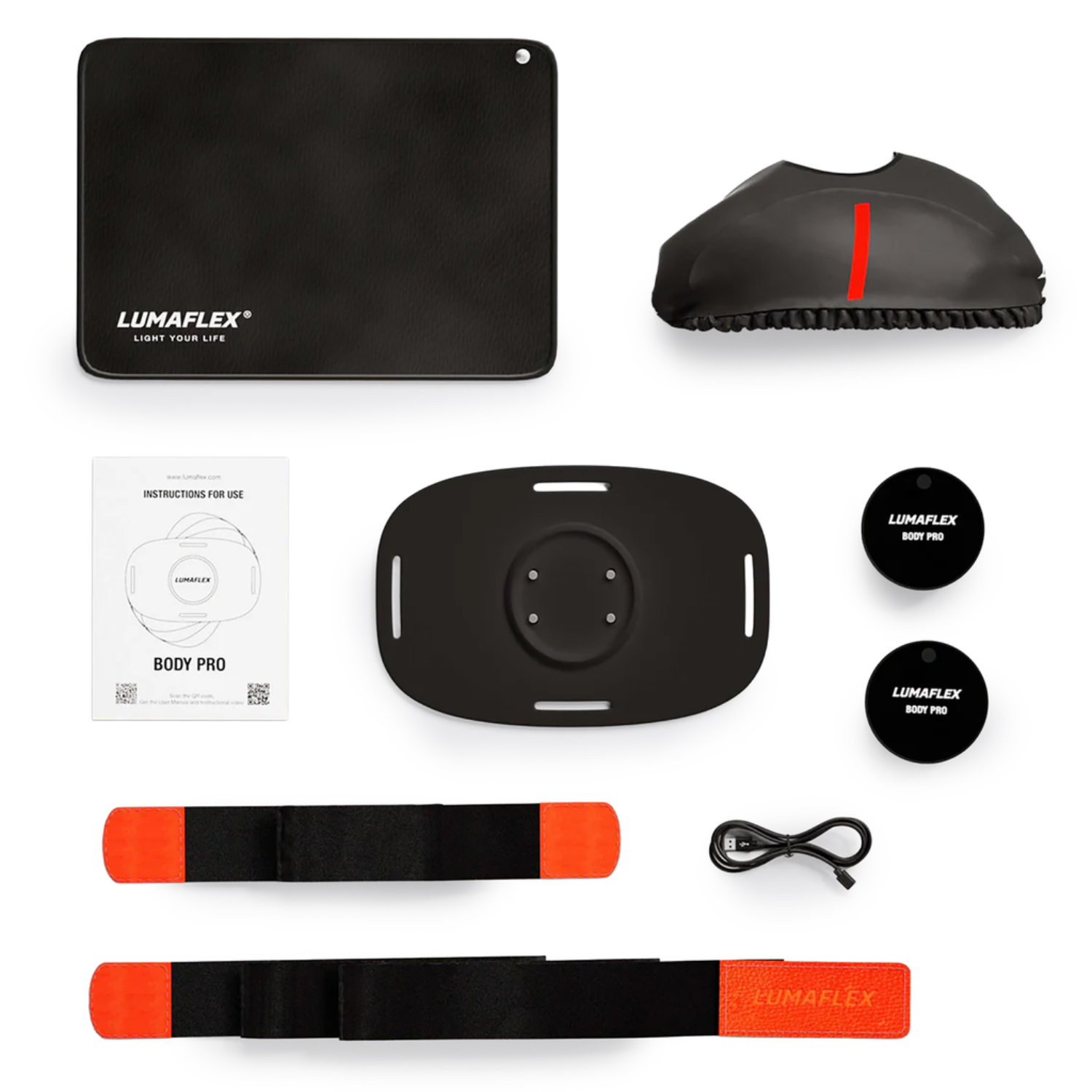 Lumaflex product set including a black mat, headband, straps, and other accessories on a white background.
