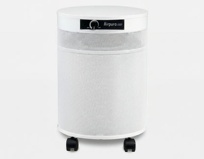 white air purifier shaped like a cylinder with black wheels, Airpura UV600 Air Purifier on white background