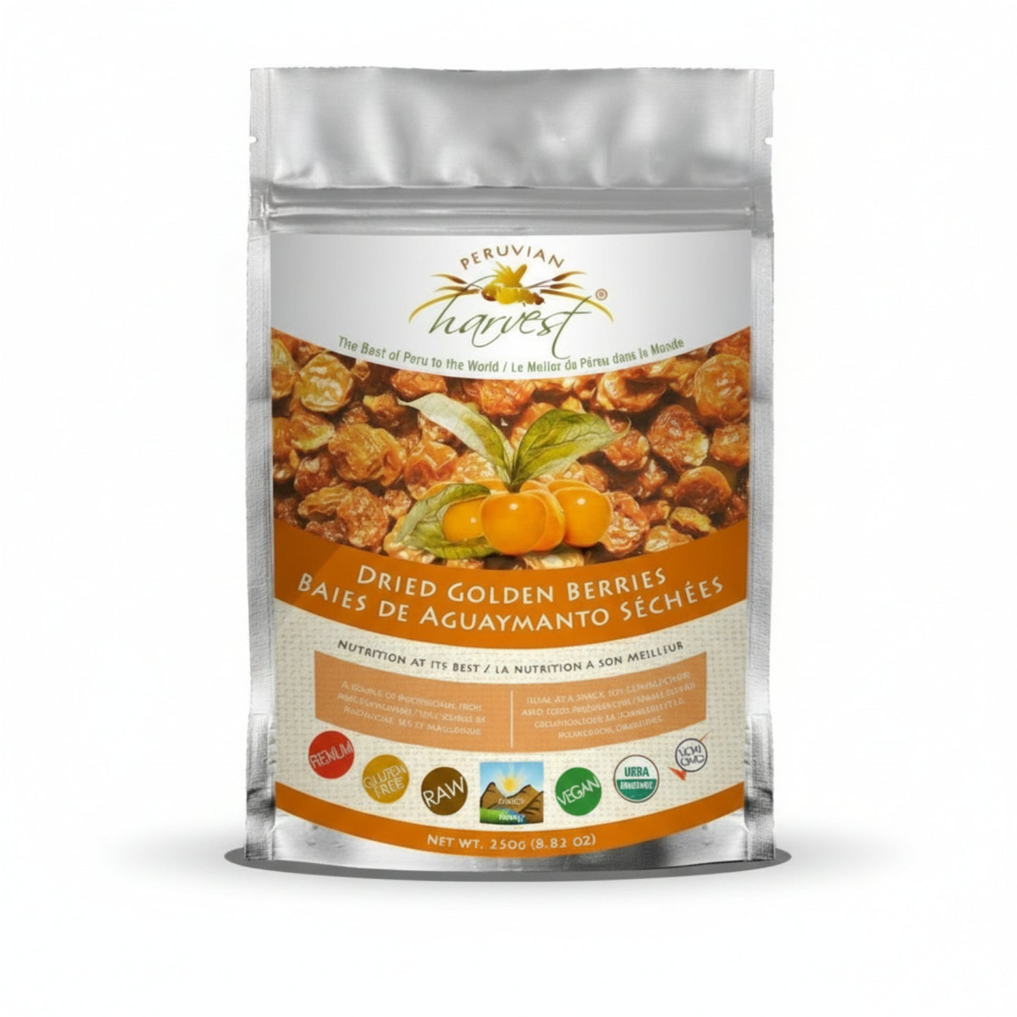 Peruvian Harvest dried golden berries packaging on a white background