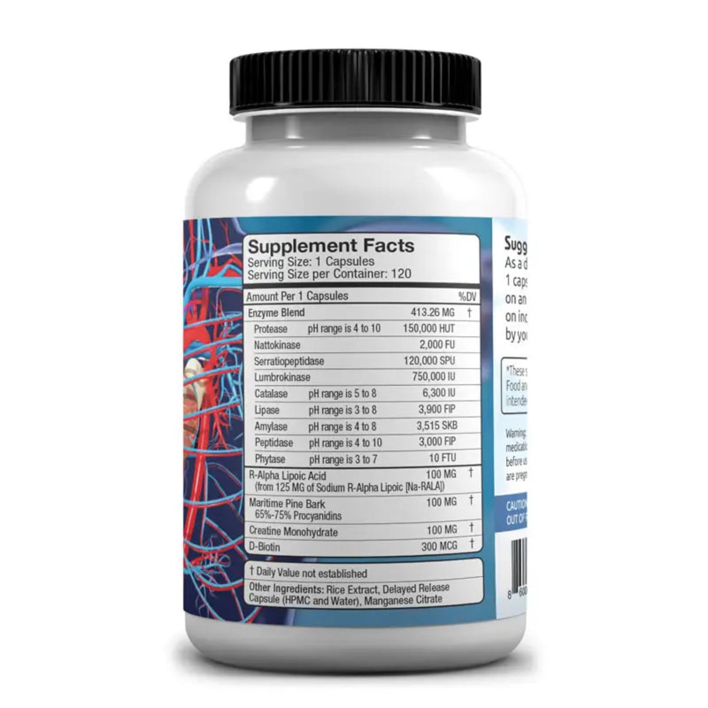 Supplement bottle with label showing supplement facts on a white background