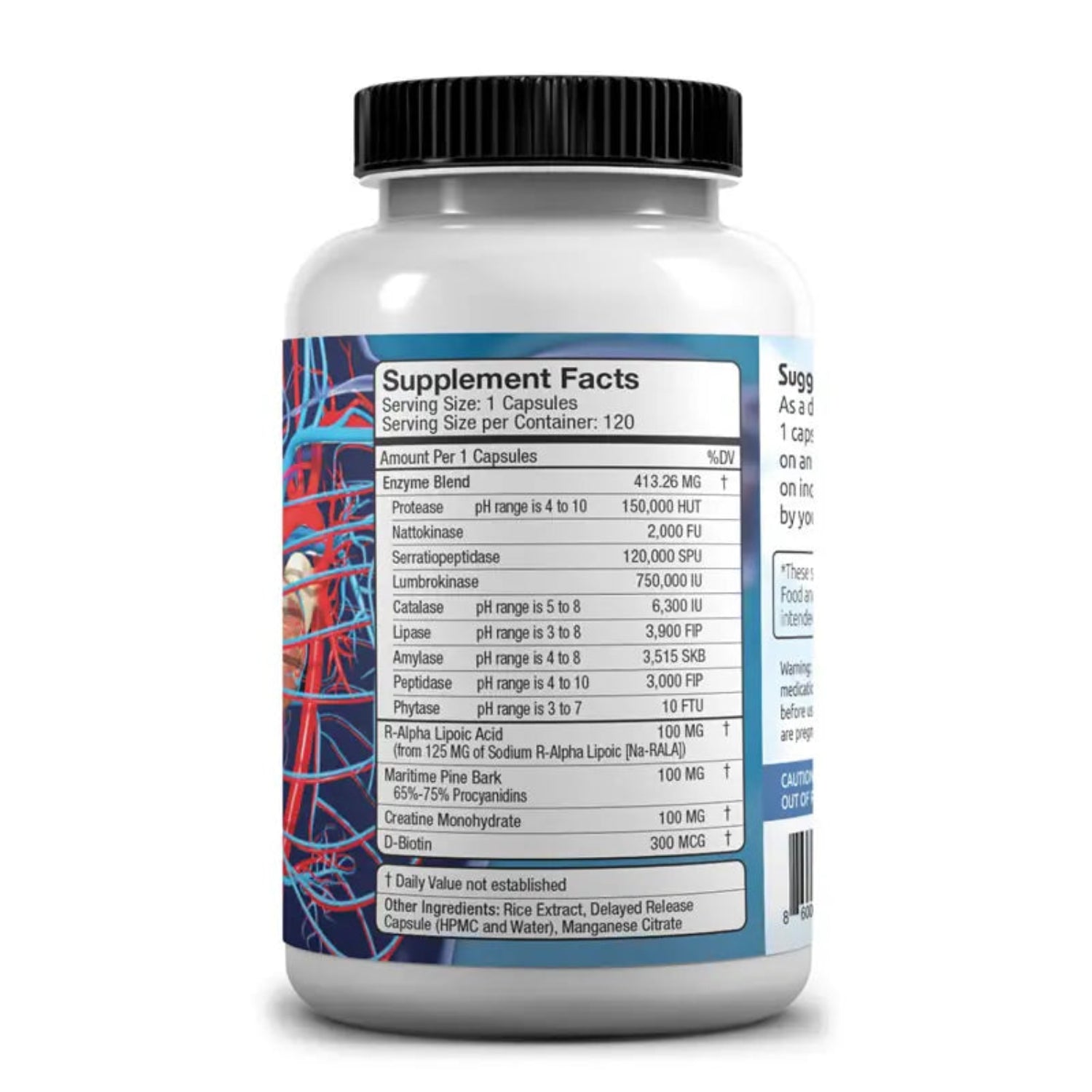 Supplement bottle with label showing supplement facts on a white background