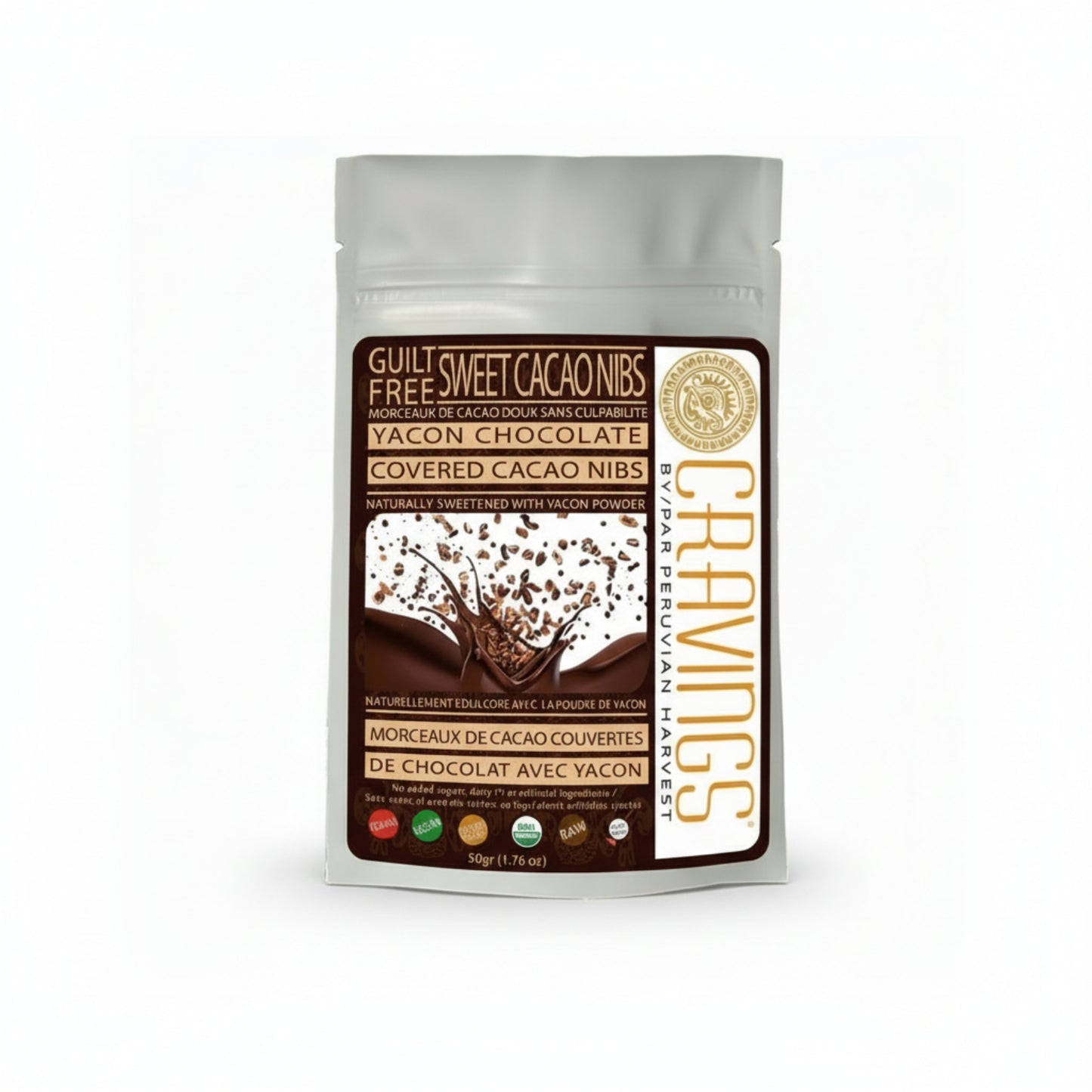 Package of Guilt Free Sweet Cacao Nibs with Yacon Chocolate by Peruvian Harvest on a white background